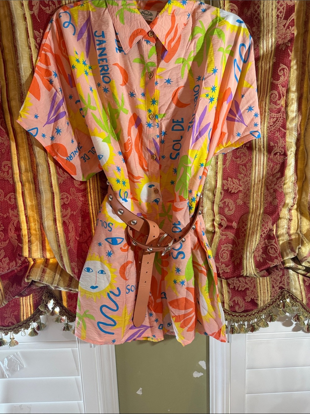 Sol de Janeiro Peach Button-Front Tropical Print Romper